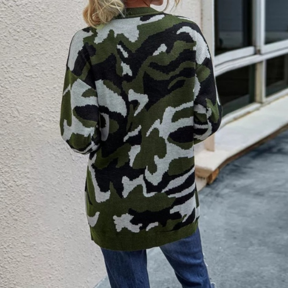 SOLD OUT CLEARANCE Olive Camouflage Button Front Knit Cardigan - Picture 4 of 8
